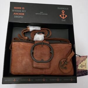 Harbour 2nd Leather Crossbody Bag Anchor Logo Flap Buckle Accent Brown